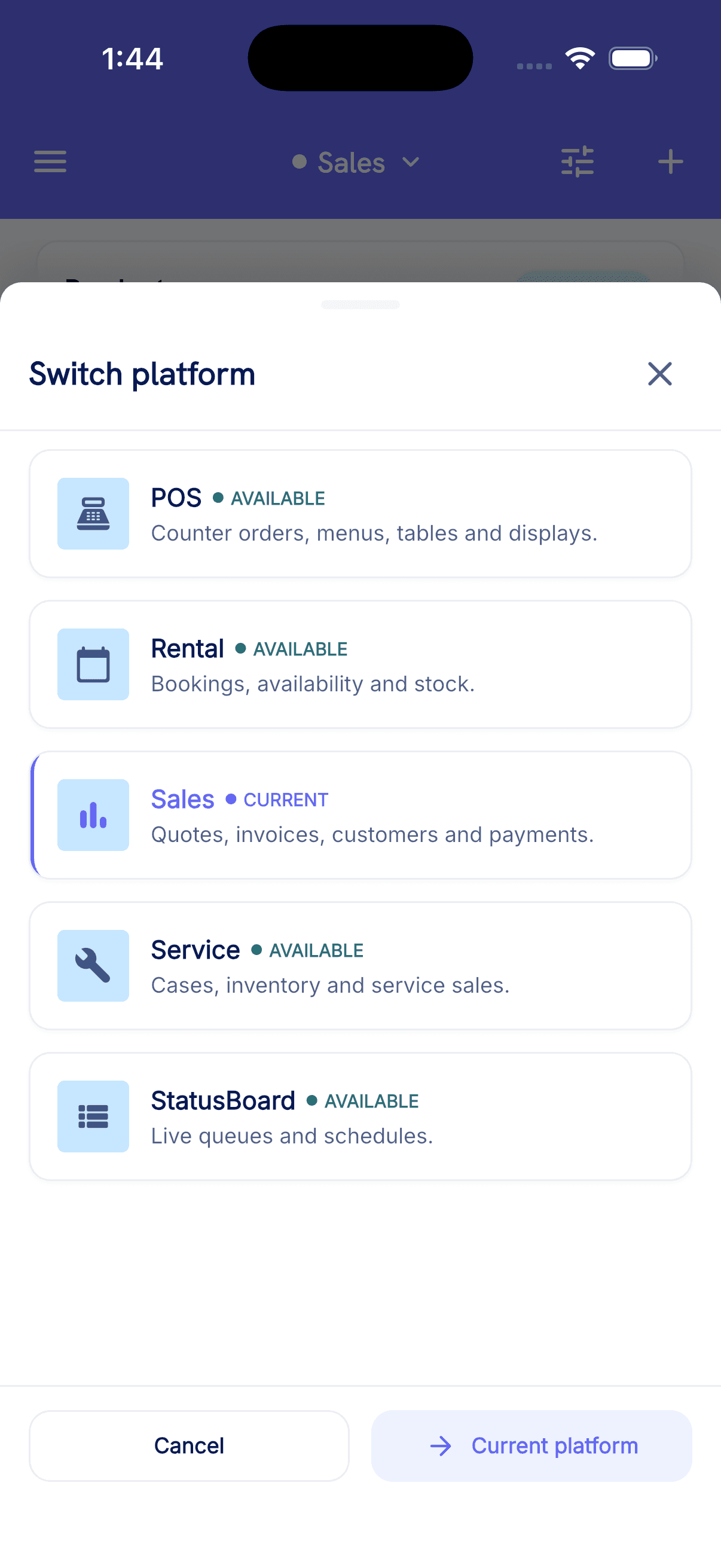 Current DisplayQue Plus platform switcher listing POS, Rental, Sales, Service, and StatusBoard