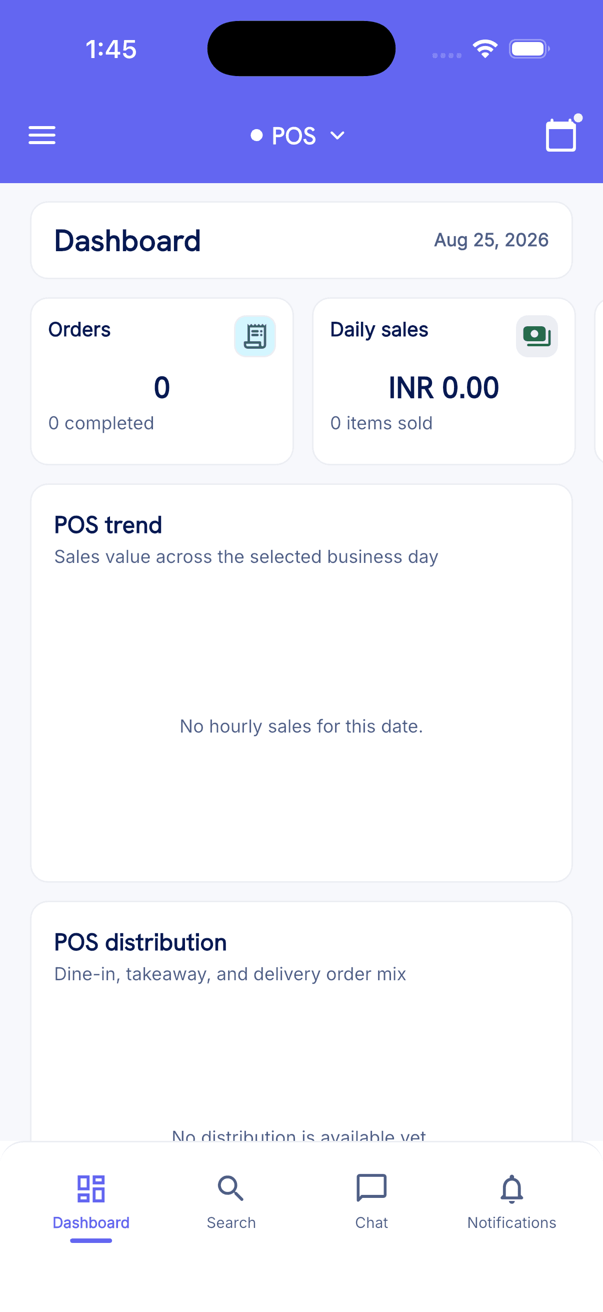Current DisplayQue Plus POS dashboard with orders, daily sales, trend, and distribution cards